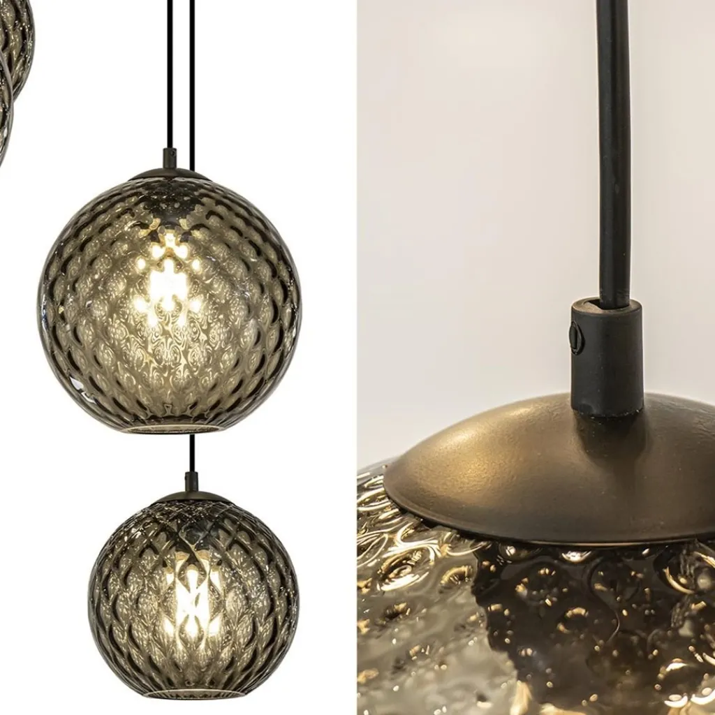 Straluma 8-Lichts eettafelhanglamp zwart met smoke glazen kappen reliëf> Eettafellampen|Pendel Lampen