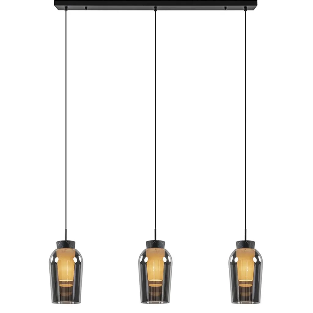 Straluma 3-Lichts hanglamp balk zwart/marmer met smoke glas> Eettafellampen|Eetkamerverlichting