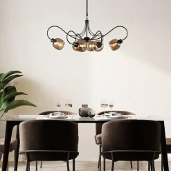 Straluma 6-Lichts hanglamp mat zwart met smoke glazen kappen></noscript> Eettafellampen|Woonkamerlampen