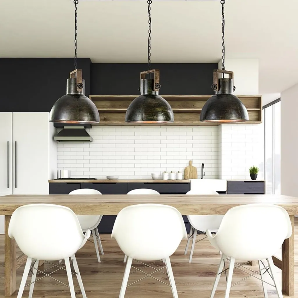 Straluma 3-Lichts hanglamp Shelly landelijk metaal met hout> Eettafellampen|Light and Living