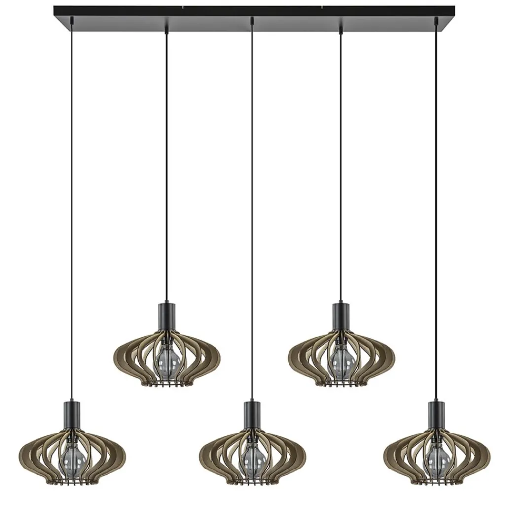 Straluma 5-Lichts hanglamp zwart met naturel houten kappen> Eettafellampen|Keukenverlichting