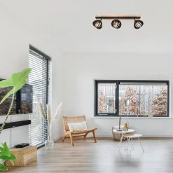 Straluma 3-Lichts plafondlamp zwart met verstelbare houten kappen><noscript><img width=