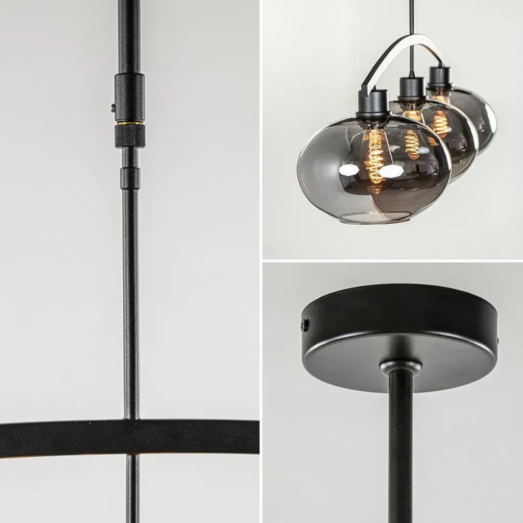 Straluma 3-Lichts retro hanglamp zwart met smoke glas> Eettafellampen|Eetkamerverlichting