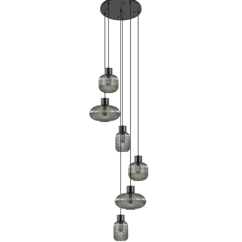 Straluma 6-Lichts vide hanglamp smoke glas met zwarte details> Eettafellampen|Videverlichting