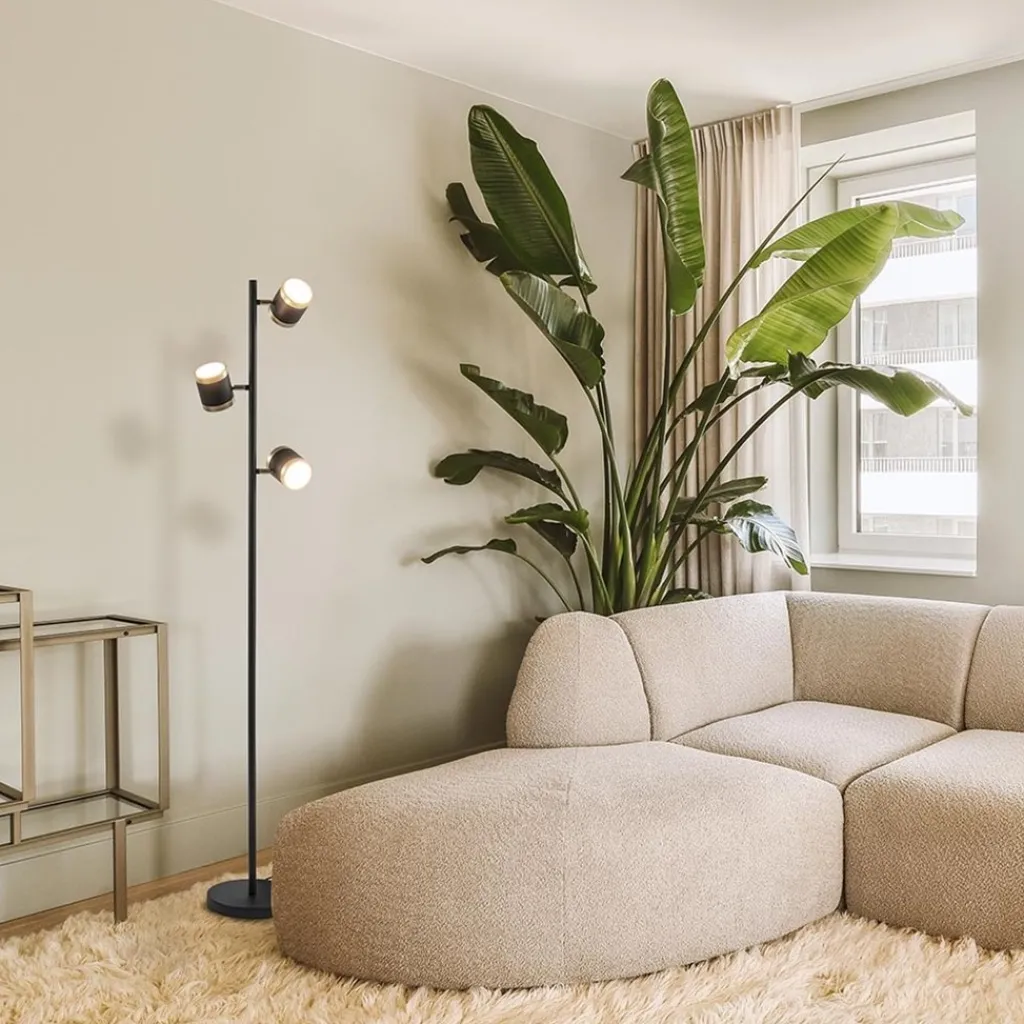 Straluma 3-Lichts vloerlamp zwart/goud met dimbare spots> Vloerlampen|Woonkamerlampen