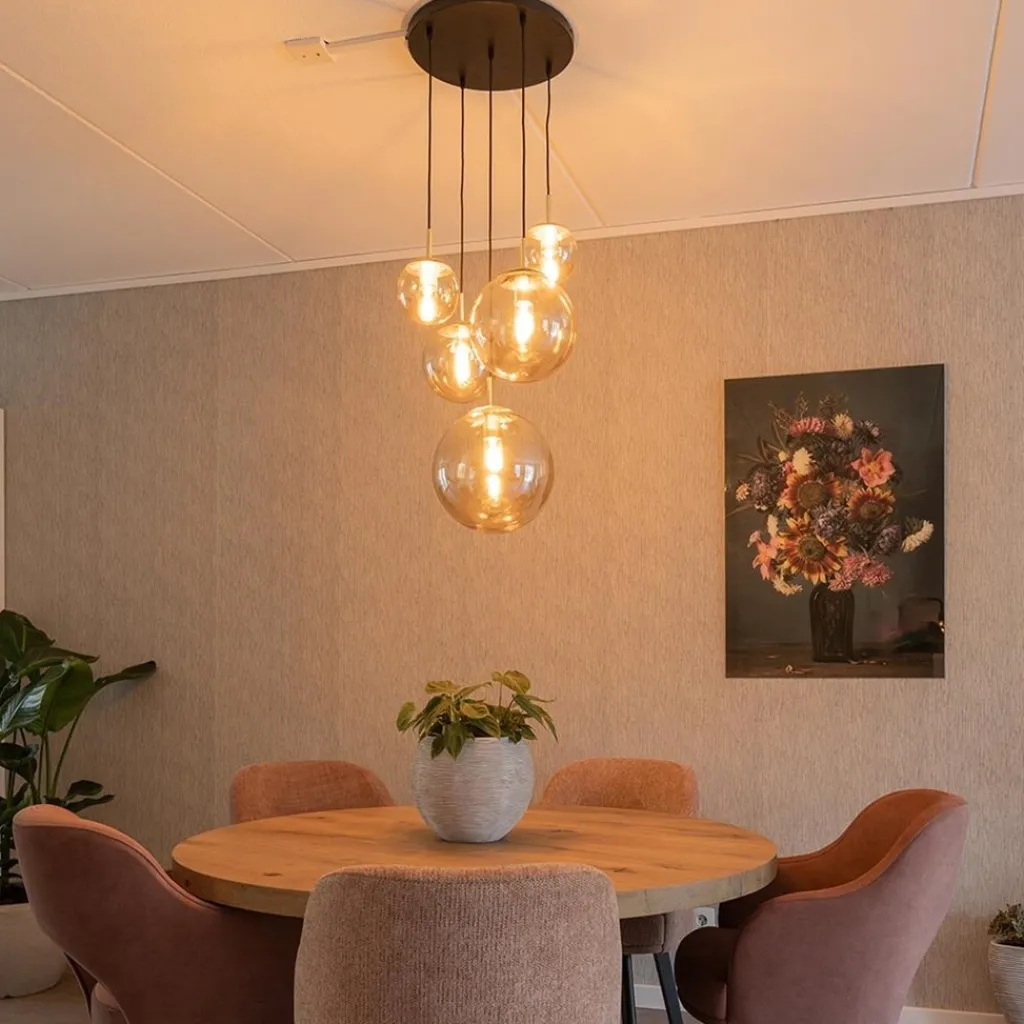 Straluma Luxe 5-lichts videlamp messing met amber glazen bollen> Eettafellampen|Videverlichting