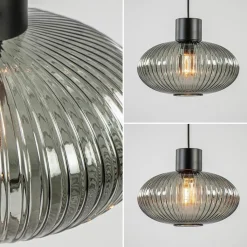 Straluma Mat zwarte hanglamp met geribbeld smoke glas ovaal><noscript><img width=