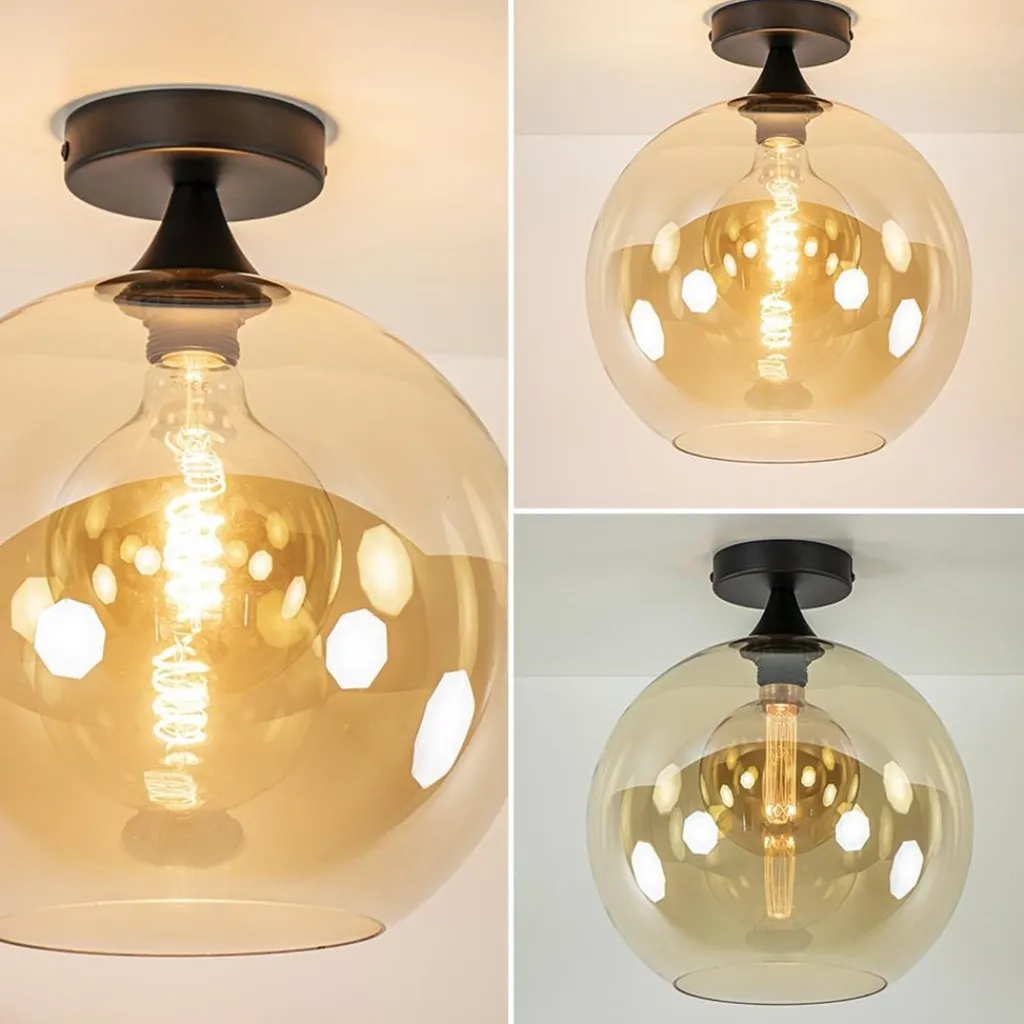 Straluma Mat zwarte plafondlamp met amber glazen bol 30 cm> Plafondlampen|Klassieke Verlichting