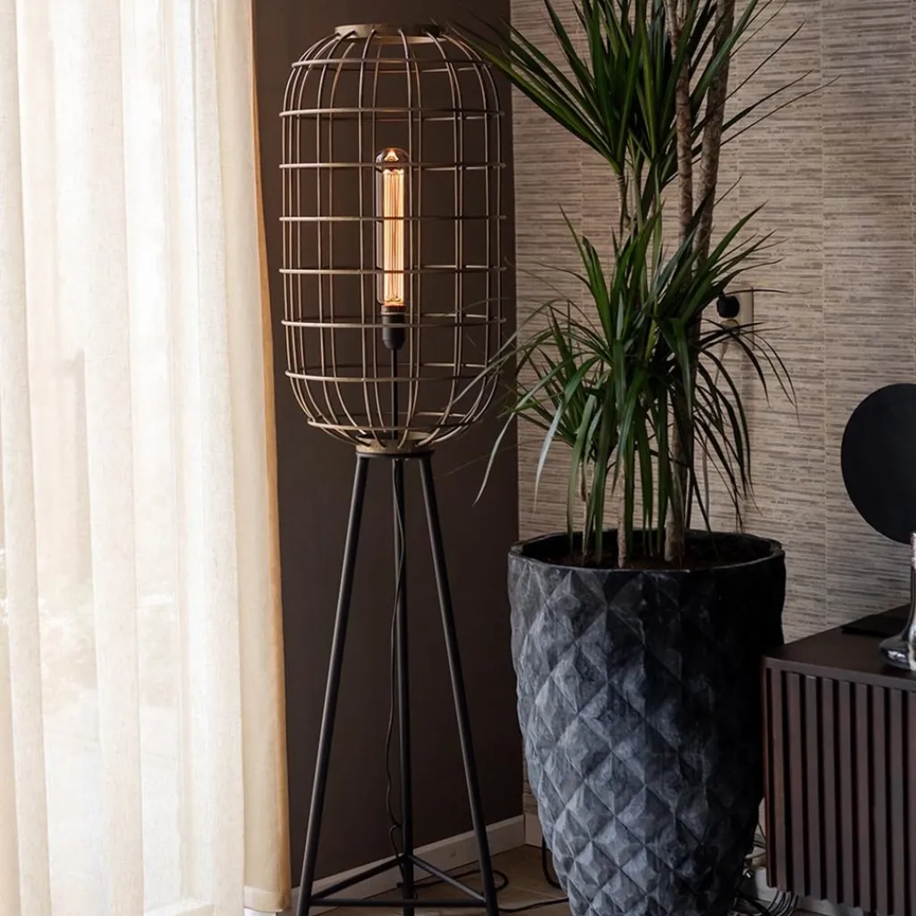 Straluma Metalen kooi vloerlamp oud-brons L&L> Kooilampen|Light and Living