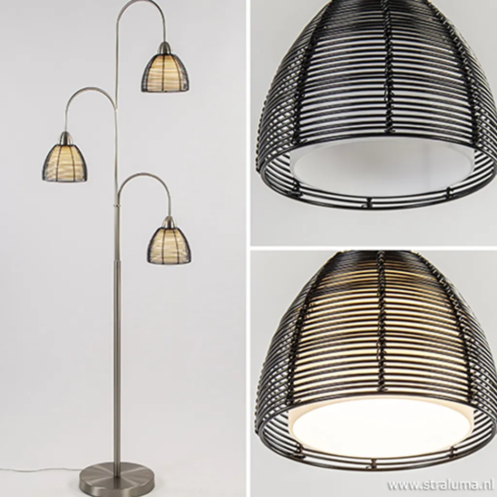Straluma Nikkel vloerlamp met zwarte draad kapjes> Draadlampen|Woonkamerlampen