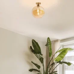 Straluma Plafondlamp goud met amber glazen bol 30 cm><noscript><img width=