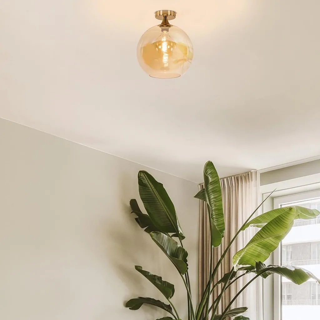 Straluma Plafondlamp goud met amber glazen bol 30 cm> Woonkamerlampen|Slaapkamerlampen