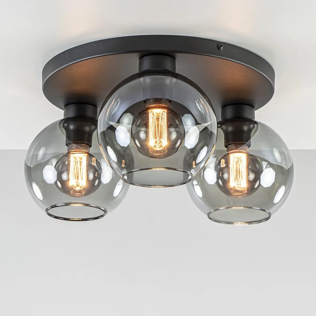 Straluma Plafondlamp 3L zwart bolglas smoke> Halverlichting|Plafondlampen