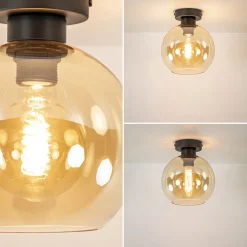 Straluma Plafondlamp zwart met amber glas 20 cm><noscript><img width=