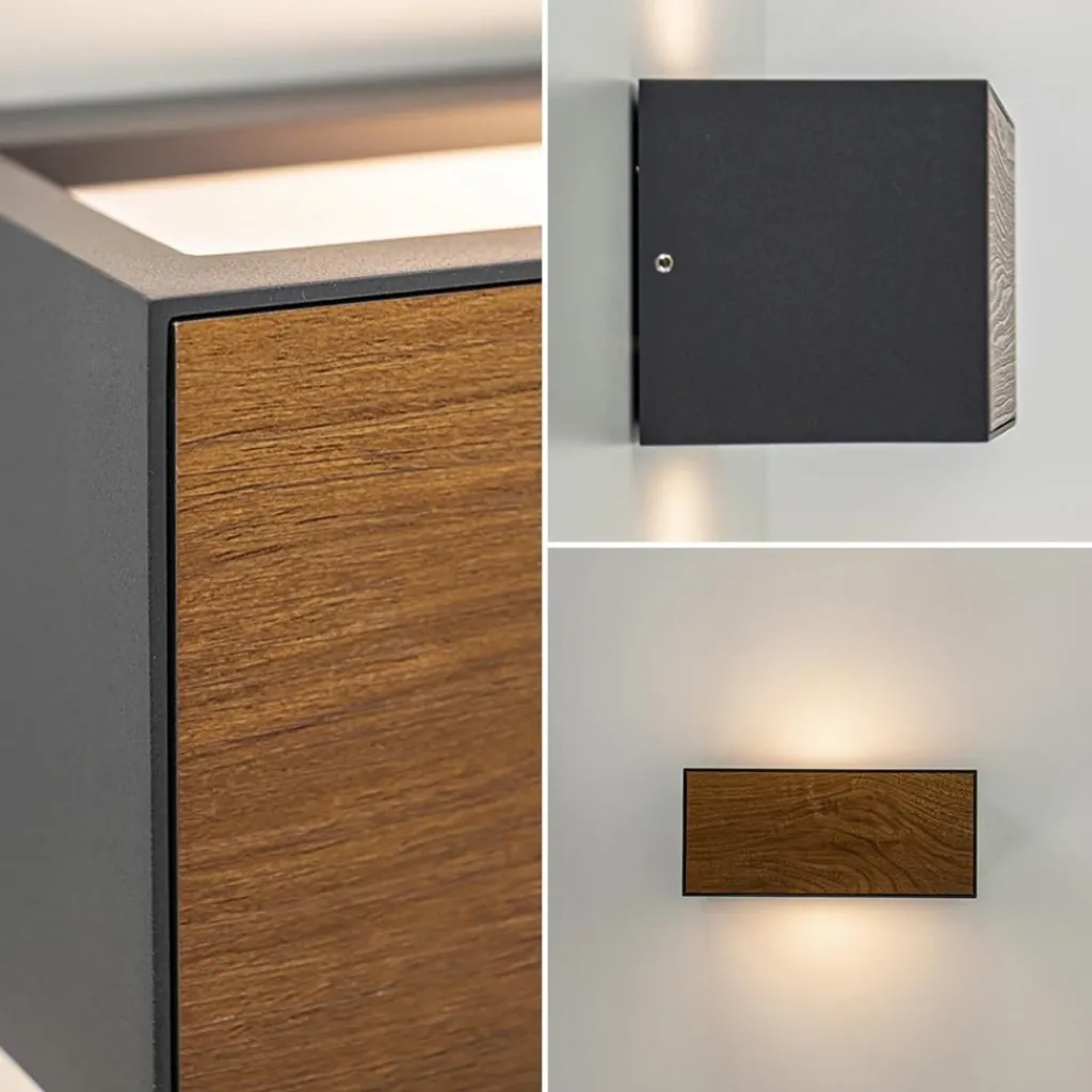 Straluma Rechthoekige buitenlamp donker grijs/hout> Wandlampen|Buitenlampen