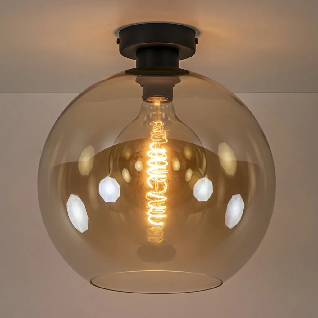 Straluma Retro plafondlamp zwart met amber glazen bol> Plafondlampen|Klassieke Verlichting