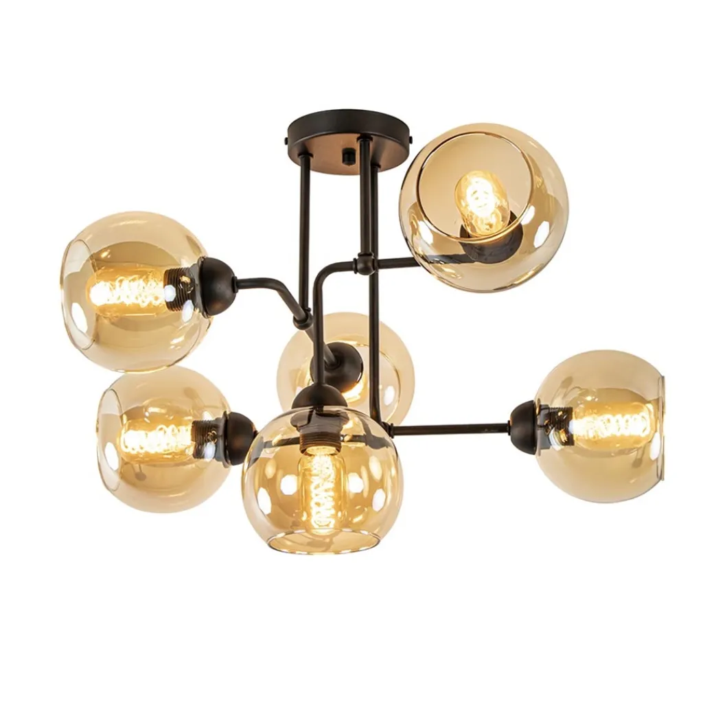 Straluma Retro plafondlamp zwart met amber glas 6-lichts> Plafondlampen|Klassieke Verlichting