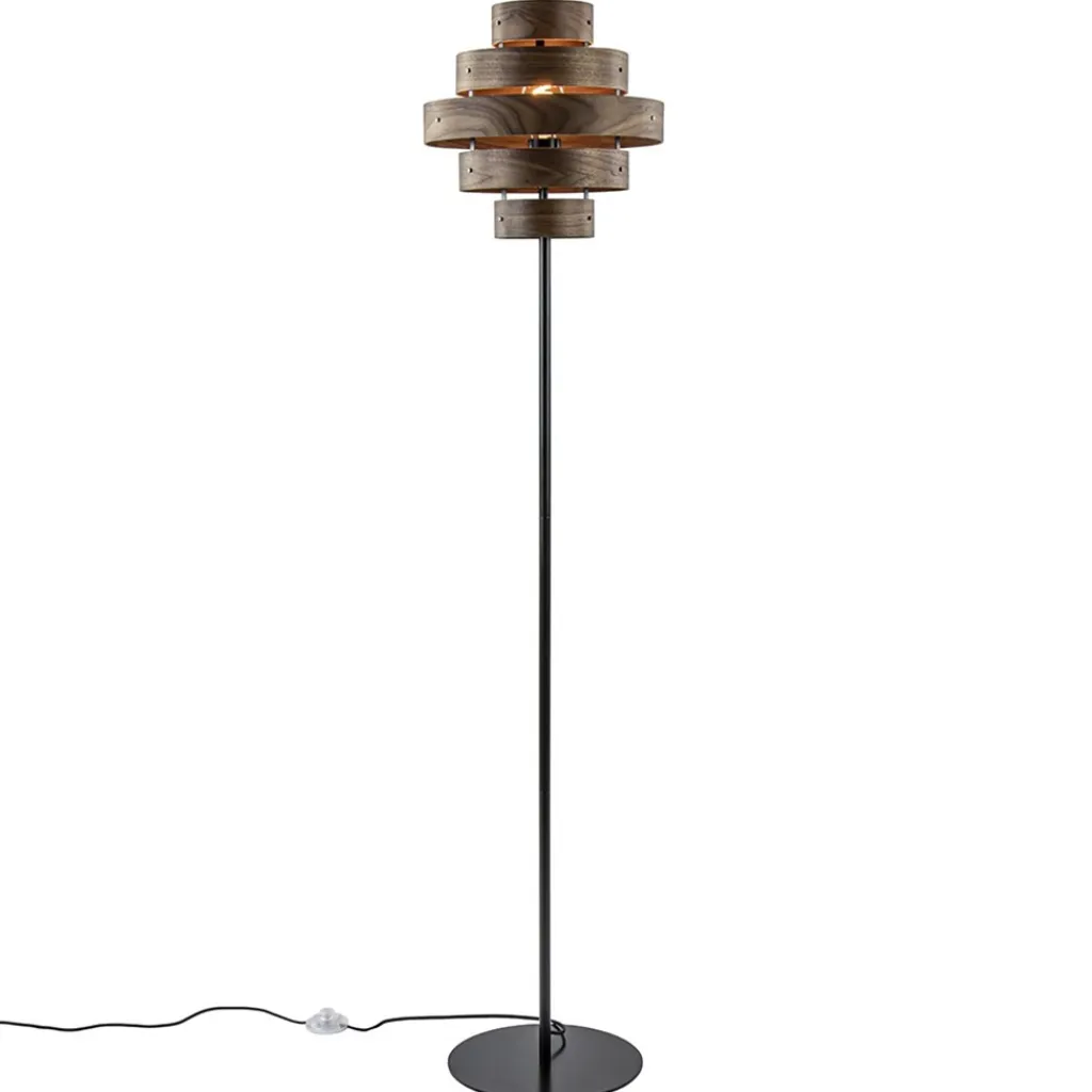 Straluma Retro vloerlamp zwart met walnoot houten kap> Woonkamerlampen|Slaapkamerlampen