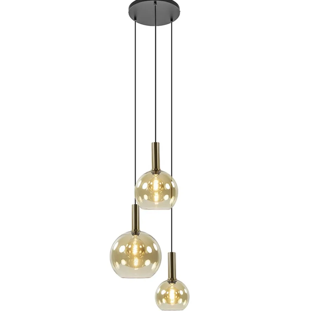 Straluma Ronde hanglamp zwart/goud met amber glas> Eettafellampen|Pendel Lampen