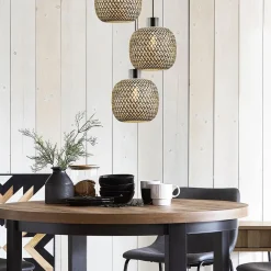 Straluma Ronde 3-lichts hanglamp zwart met bamboe kappen></noscript> Eettafellampen|Landelijke Verlichting