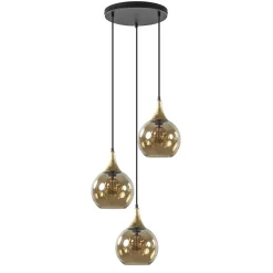 Straluma Ronde 3-lichts hanglamp zwart met goud en amber glas> Eettafellampen|Pendel Lampen
