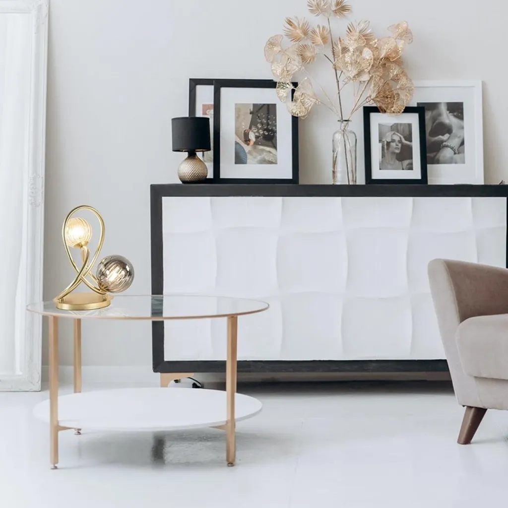 Straluma Sierlijke tafellamp goud met amber en smoke glas> Tafellampen|LED Tafellampen