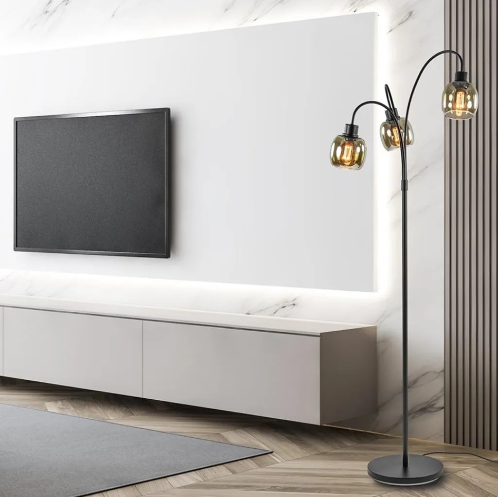 Straluma Sierlijke vloerlamp mat zwart met smoke glazen kappen> Klassieke Verlichting|Woonkamerlampen