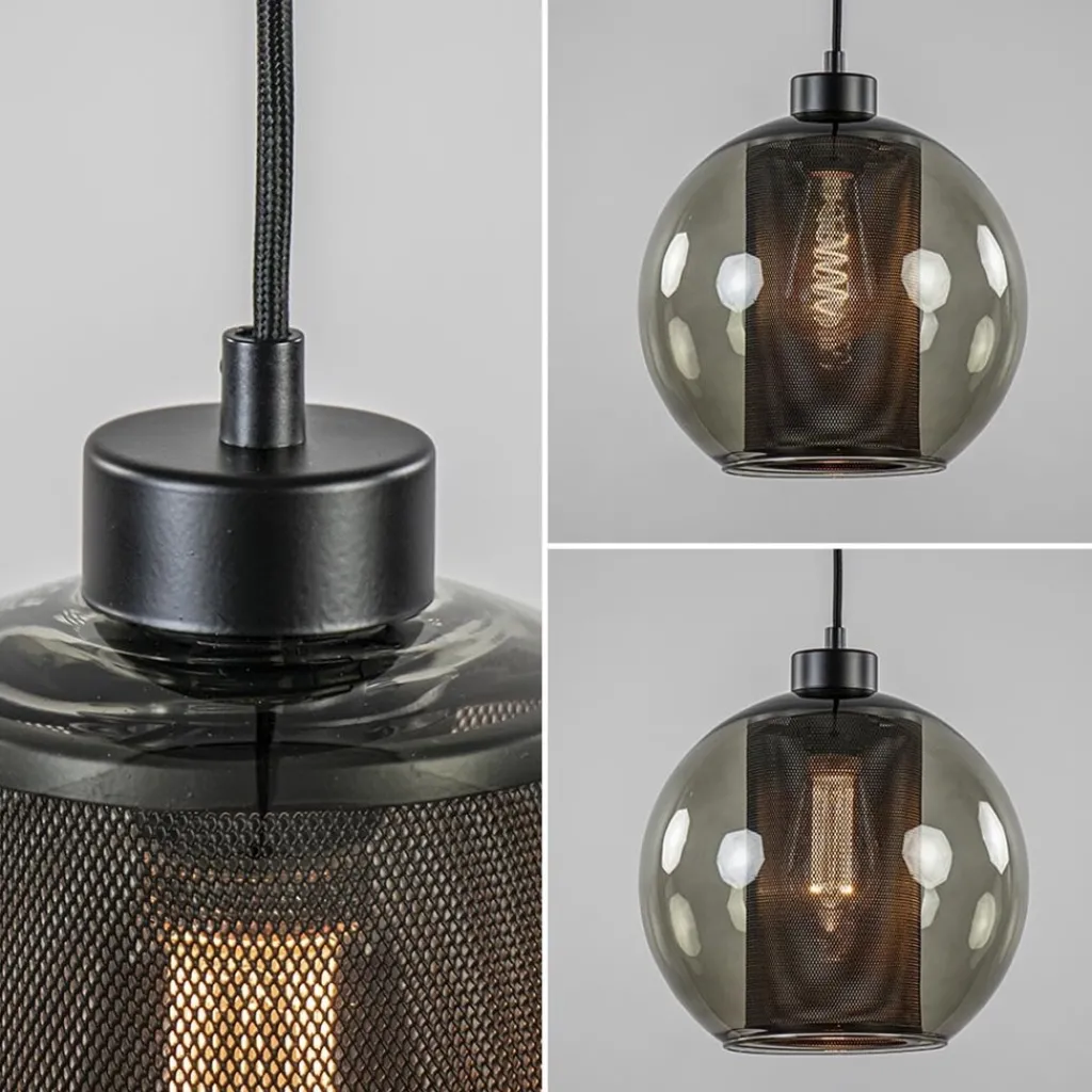 Straluma Smoke glazen hanglamp bol met zwarte gaas cilinder> Nachtkastlampen|Pendel Lampen