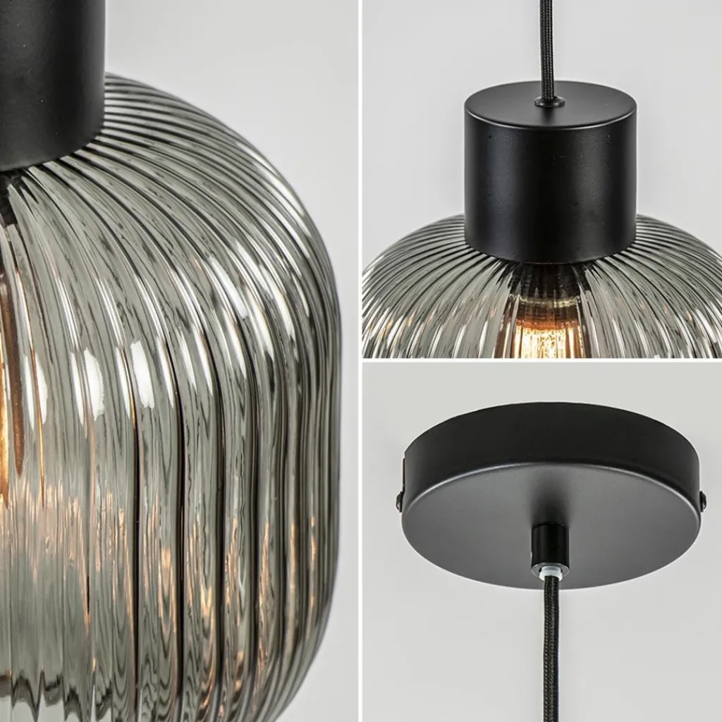 Straluma Stijlvolle hanglamp smoke glas geribbeld met zwart> Woonkamerlampen|Slaapkamerlampen