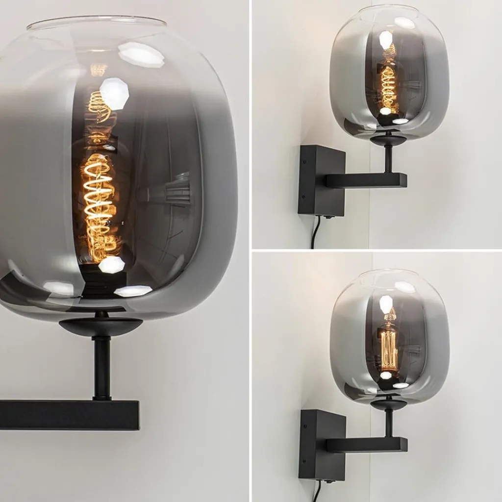 Straluma Trendy wandlamp zwart met smoke glazen kap en snoer> Wandlampen|Luxe Verlichting