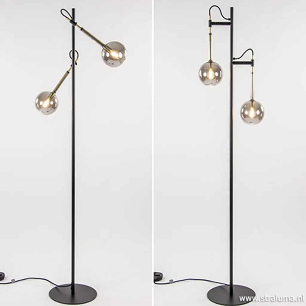 Straluma Vloerlamp Globe 2-L zwart/goud smokeglas> Slaapkamerlampen|Kantoorverlichting