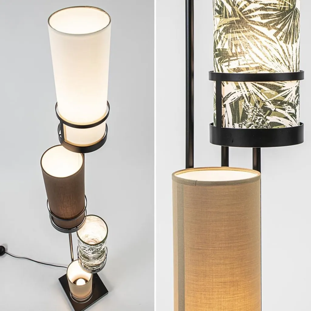 Straluma Vloerlamp 4L zwart + cilinder kappen bruin> Vloerlampen|Botanische Verlichting