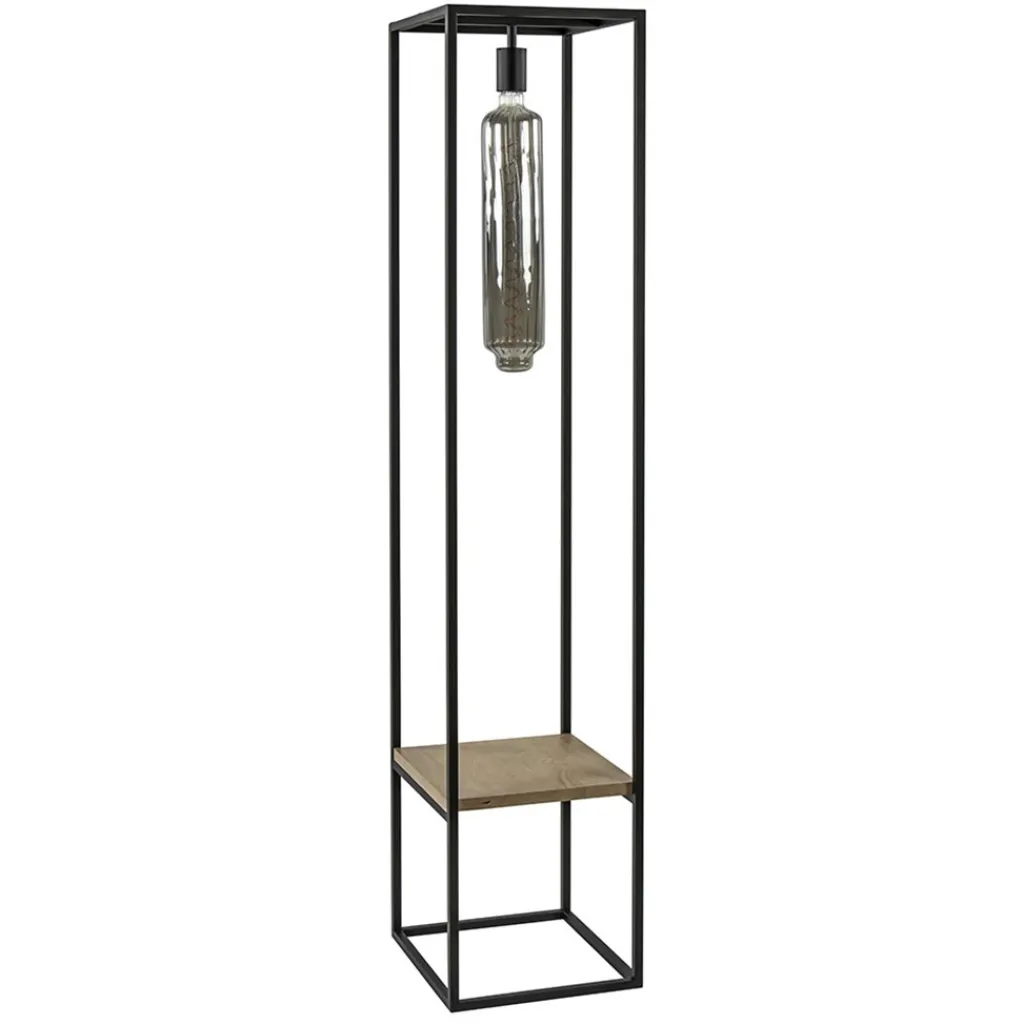 Straluma Vloerlamp zwart frame met houten plank> Vloerlampen|Industriële Verlichting