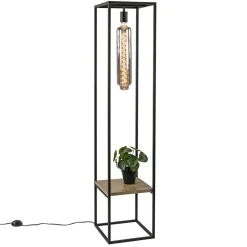 Straluma Vloerlamp zwart frame met houten plank> Vloerlampen|Industriële Verlichting