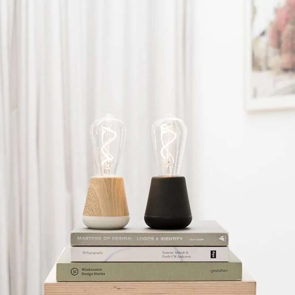 Straluma Zwart houten tafellamp oplaadbaar met helder glas> Tafellampen|Woonkamerlampen