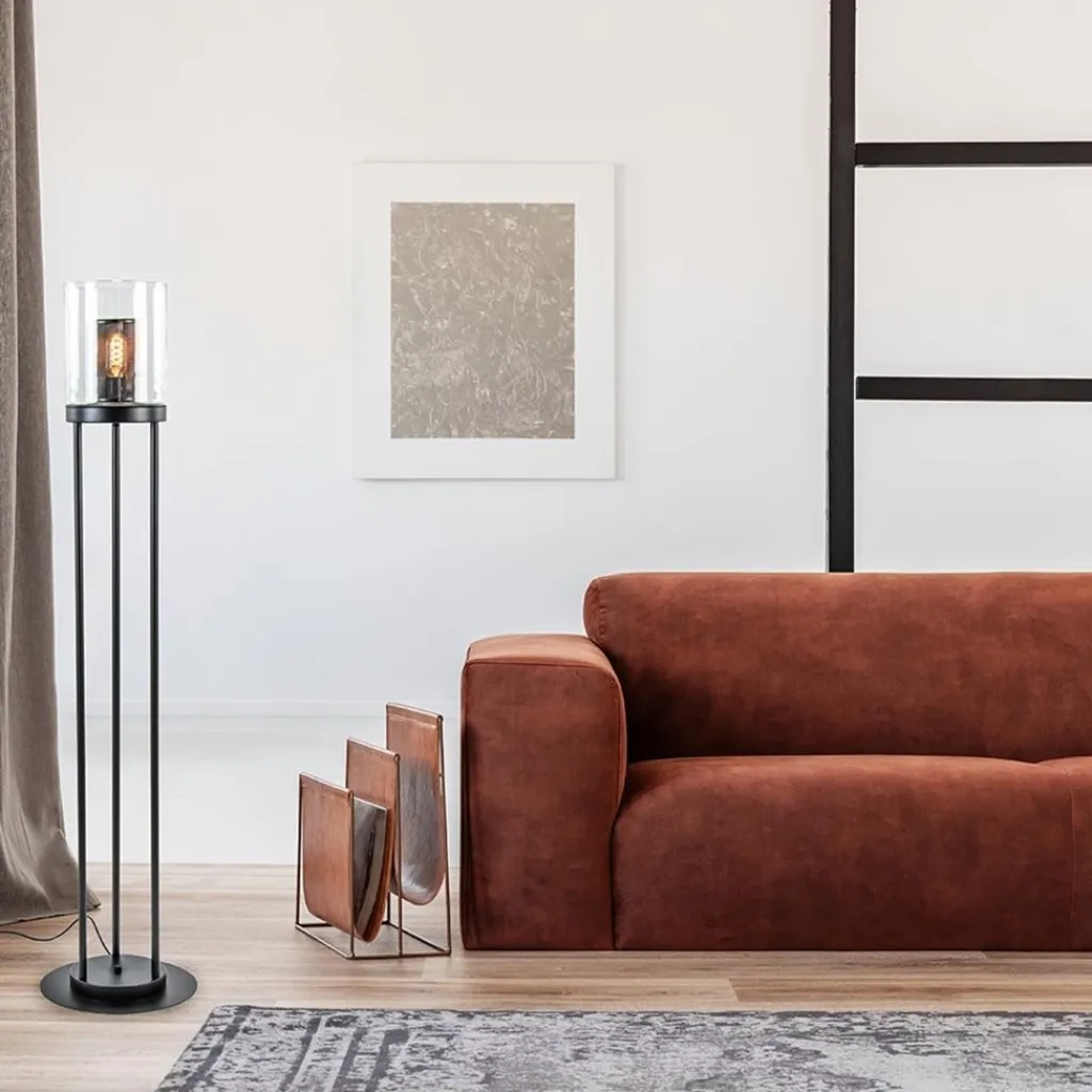 Straluma Zwarte vloerlamp met cilinder kap helder glas> Vloerlampen|Industriële Verlichting